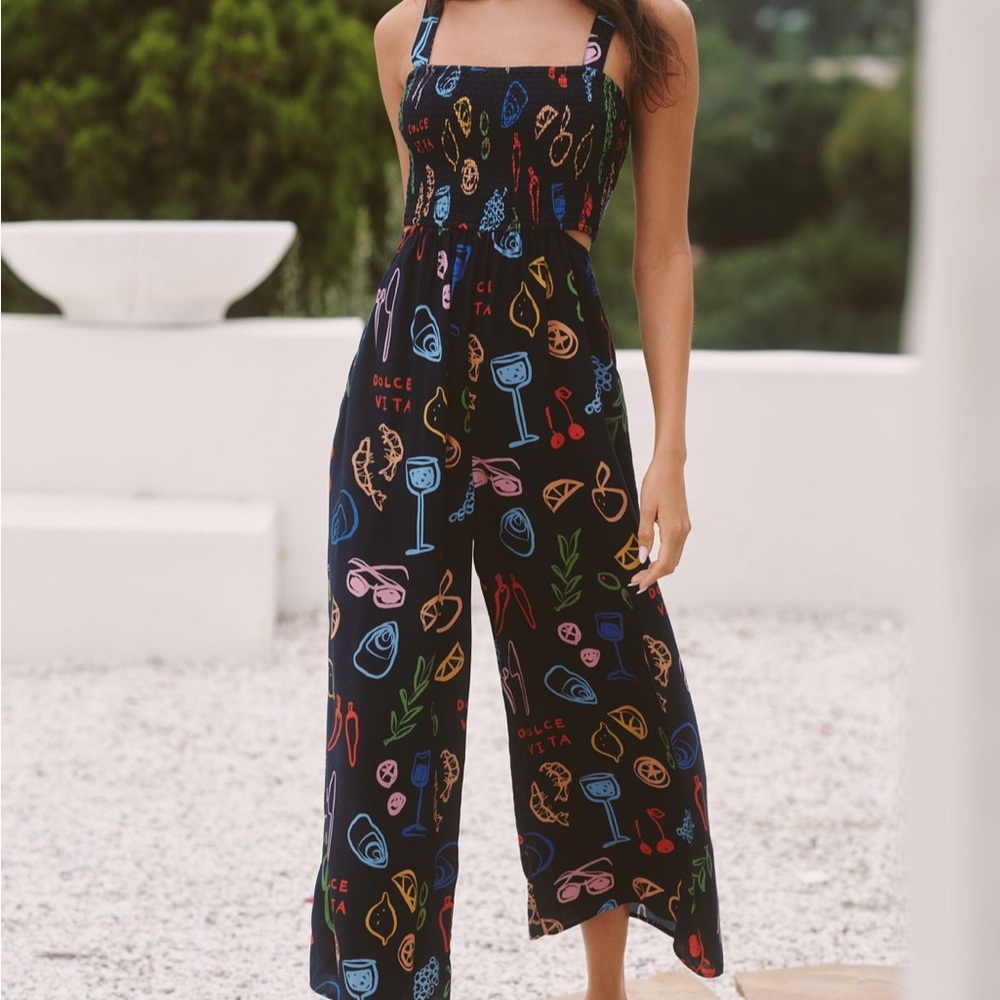 Anthropologie / Celandine Square-Neck Smocked Cutout Jumpsuit